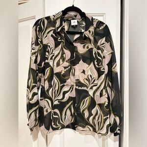 CAbi Black & Pale Pink Floral Sheer Button-Up Blouse Size Small